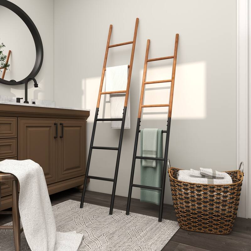 Brown Wood Slim Two-Toned 12 Rug Ladder with Black Metal Bases (Set of 2)