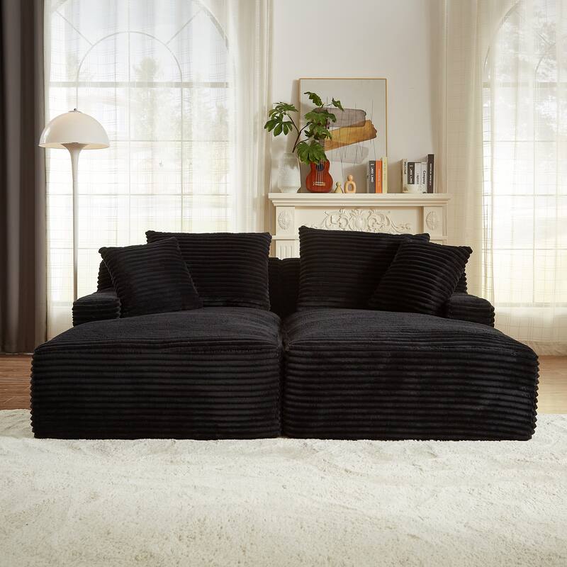 Corduroy Upholstery Cloud Modular Sectional Sofa with Chaise and Pillows, All-Foam Compression Design - Black Double Chaise - Symmetrical
