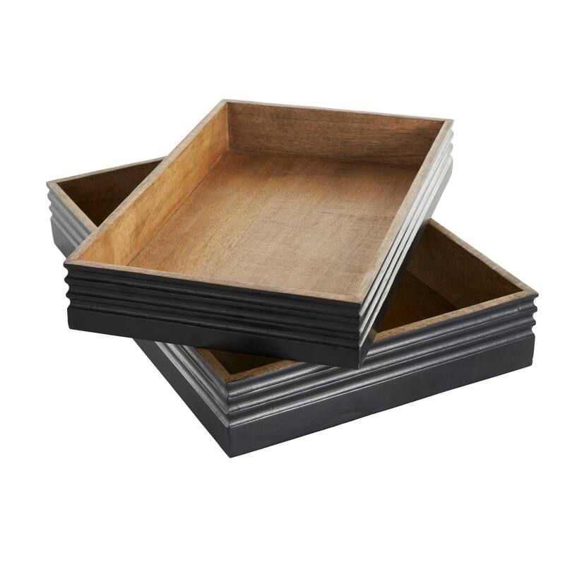 Brown Mango Wood Handmade Living Room Decor Tray with Black Groove Exterior (Set of 2)