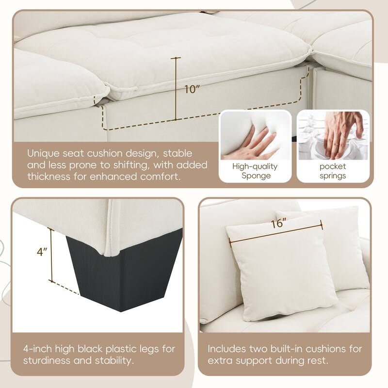 100" L-Shaped Convertible 4-Seat Sectional Sofa with Removable Ottoman and Matching Pillows, Ideal for Living Room