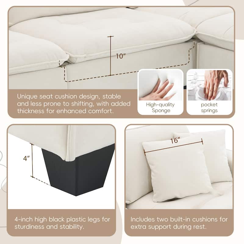 100" L-Shaped Convertible 4 Seater Sectional Sofa with Removable Ottoman and Matching Pillows, Suede Velvet Upholstery