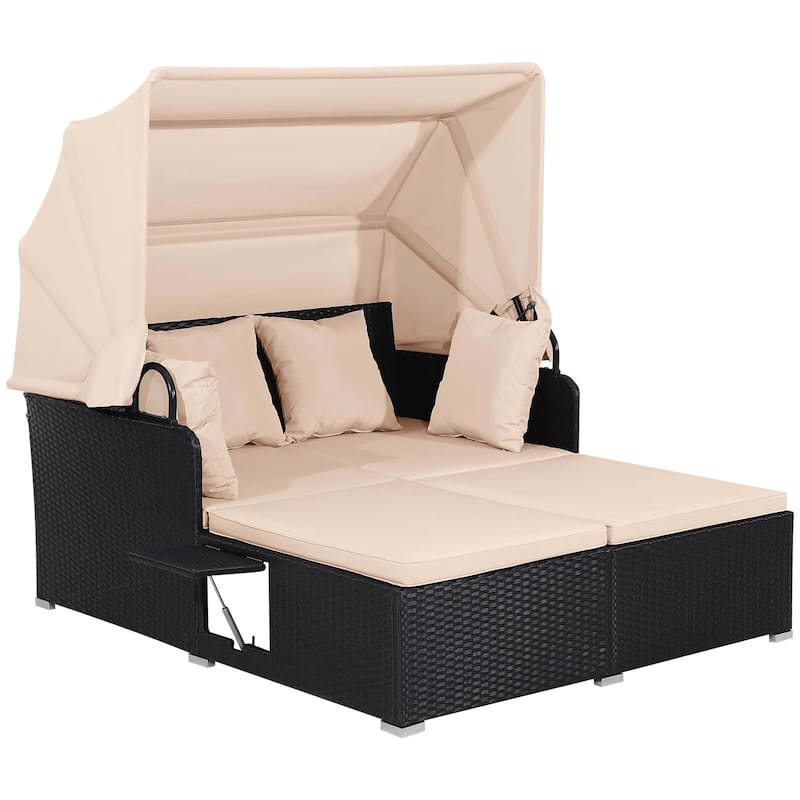 Patio Rattan Daybed Outdoor Loveseat Sofa Set with Retractable Canopy