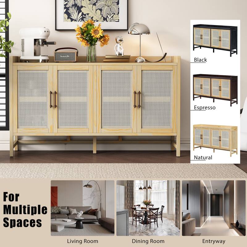 Boho Buffet Sideboard Storage Cabinet with Rattan Decorated Doors, Rattan Accent Cabinet Console Table for Dining Living Room - Natural
