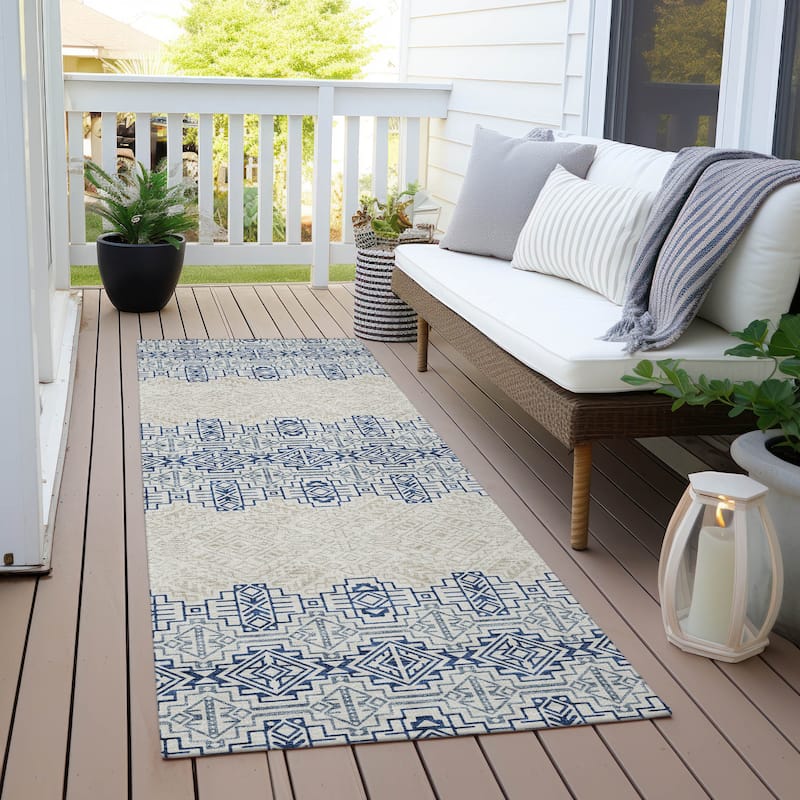Machine Washable Indoor/ Outdoor Moroccan Boho Chantille Rug - Navy - 2'3" x 7'6"