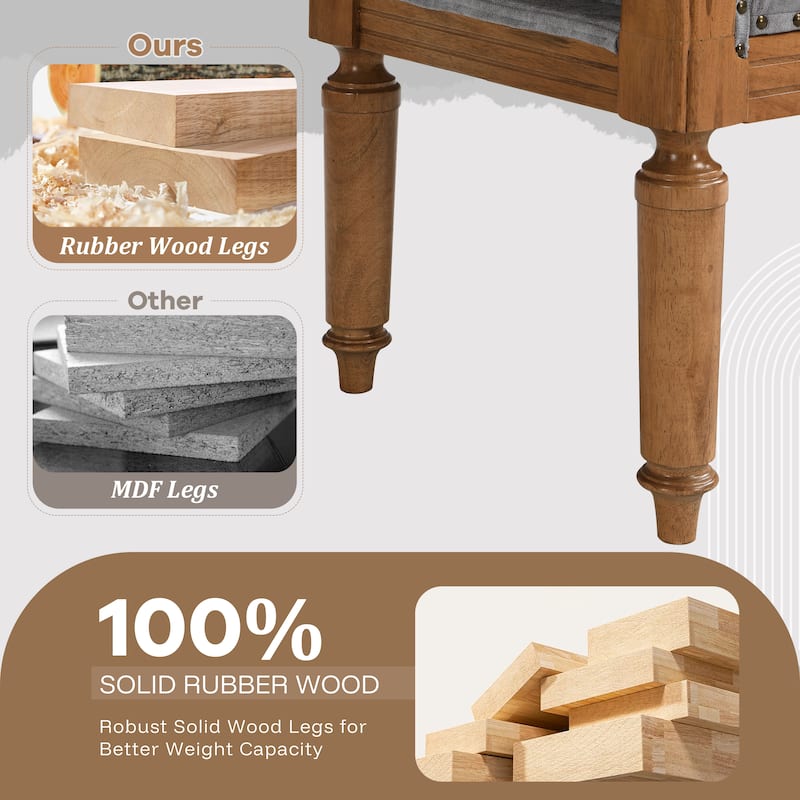 Christopher Knight Home - Mid-Century Solid Rubberwood Upholstered Bench with Rolled Arms, Button-Tufted Cushion & Nailhead Trim