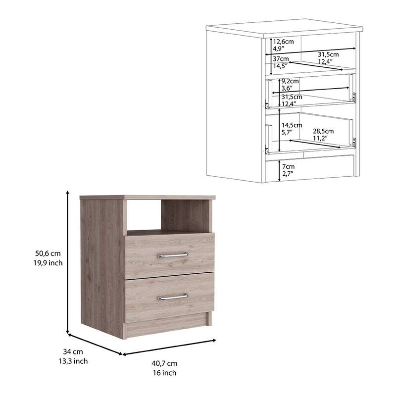 Light Gray Nightstand with Two Drawers and Open Shelf