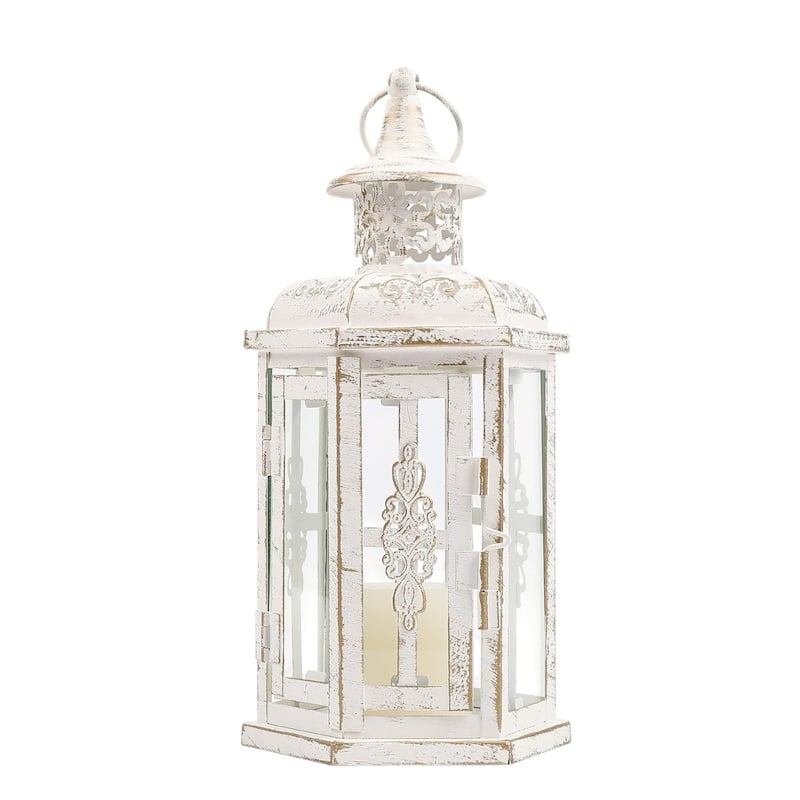 10" Clear And White Glass And Metal Distressed Tabletop Lantern Candle Holder
