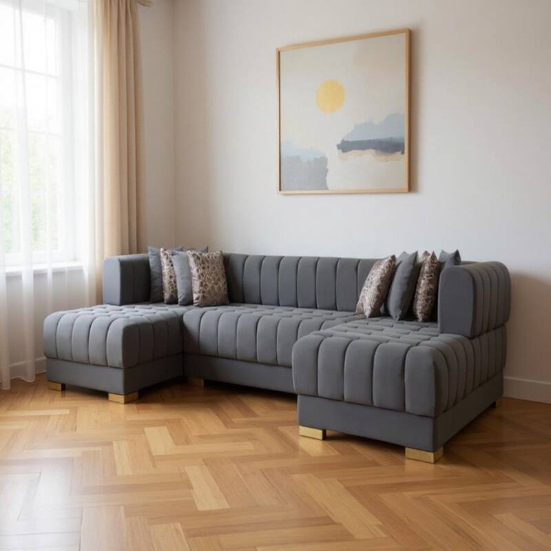 HomeRoots Gray Velvet U Shaped Three Piece Sofa and Chaise Sectional With Toss Pillows - Symmetrical - Gray