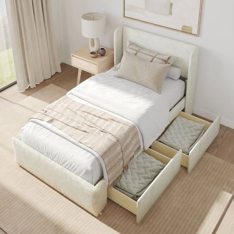 Plank and Beam Twin-Size Upholstered Bed with Rectangular Headboard
