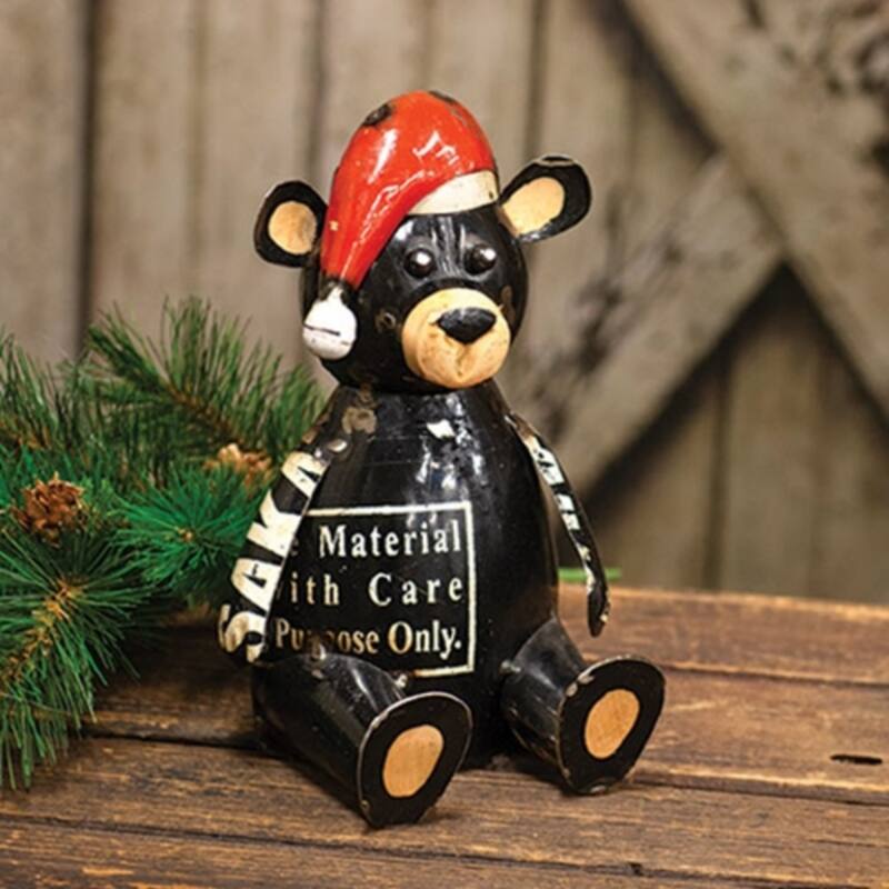 Black Metal Sitting Bear Decor with Santa Hat and Distressed Patchwork Finish - 4.25 x 5 x 9 in