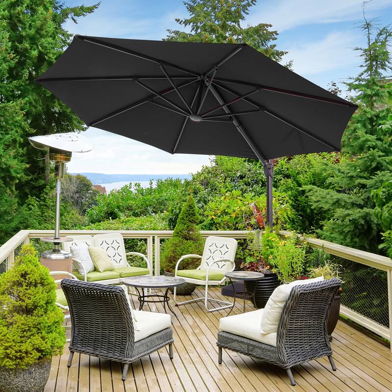 LIVOOSUN Outdoor Cantilever Offset Patio 11Ft Aluminum Umbrella w/Base - Black