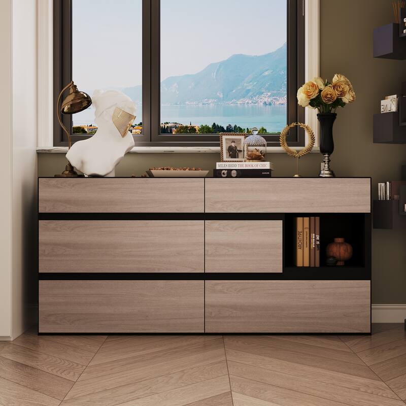 Dresser Sideboard with Wood Grain Drawers and Black Cabinet Wide Organizer for Hallway, Office, or Closet