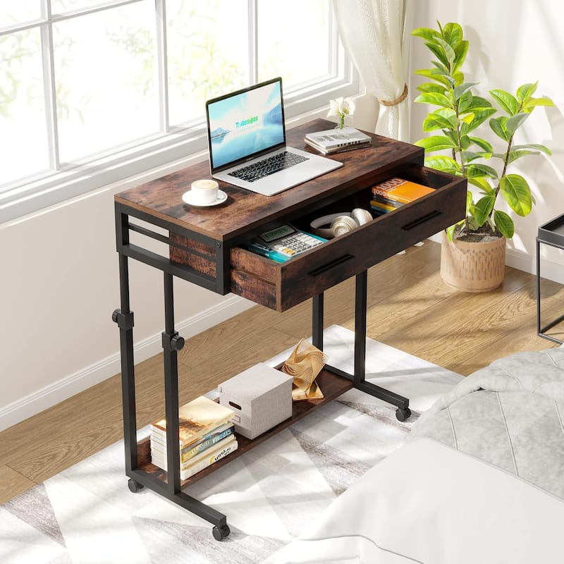 Adjustable C Table Portable Desk with Drawers and Wheels, Mobile Couch Desk - Brown