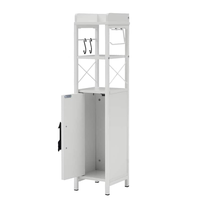 Wood Tall Bathroom Linen Cabinet Small Bathroom Storage Corner Floor Cabinet with Doors and Shelves Toilet Paper Holder - White