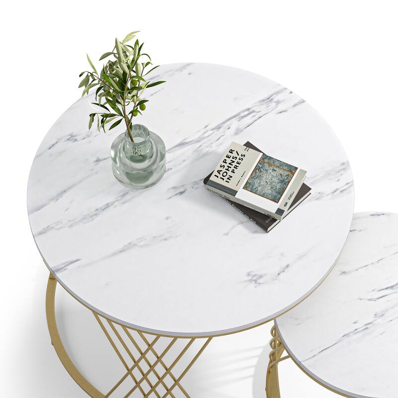 Anmytek Round Nesting Coffee Table Set of 2, White Modern End Tables Living Room Faux Marble Sofa Beside Table