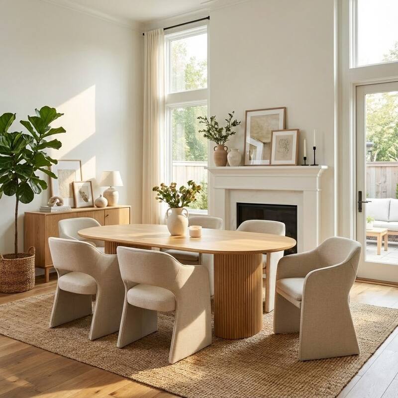 Upholstered Dining Chairs Set of 6, Open-Back Design, Performance Fabric Seats - Beige