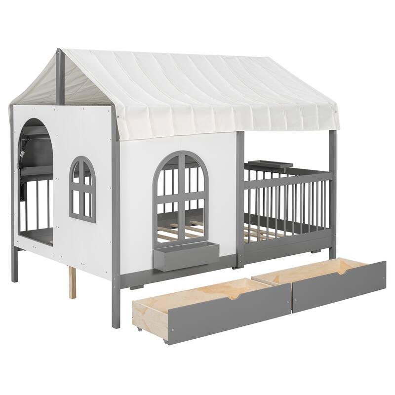 Roomfitters Full Size House Bed with Tent and LED Bookshelf, 2 Drawers