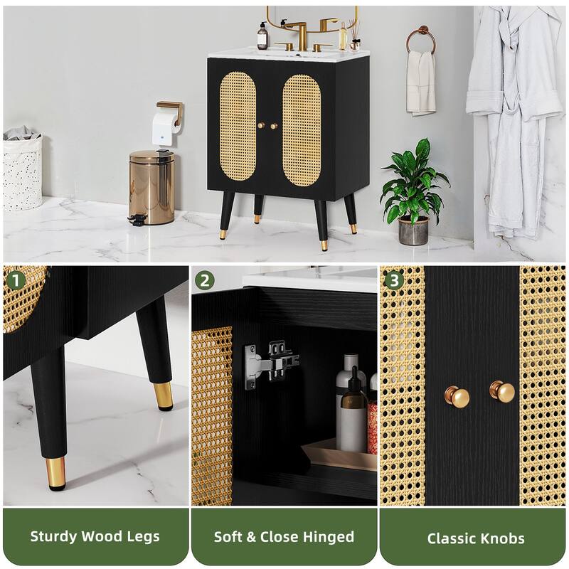 24" Rattan Boho Bathroom Vanity with Sink