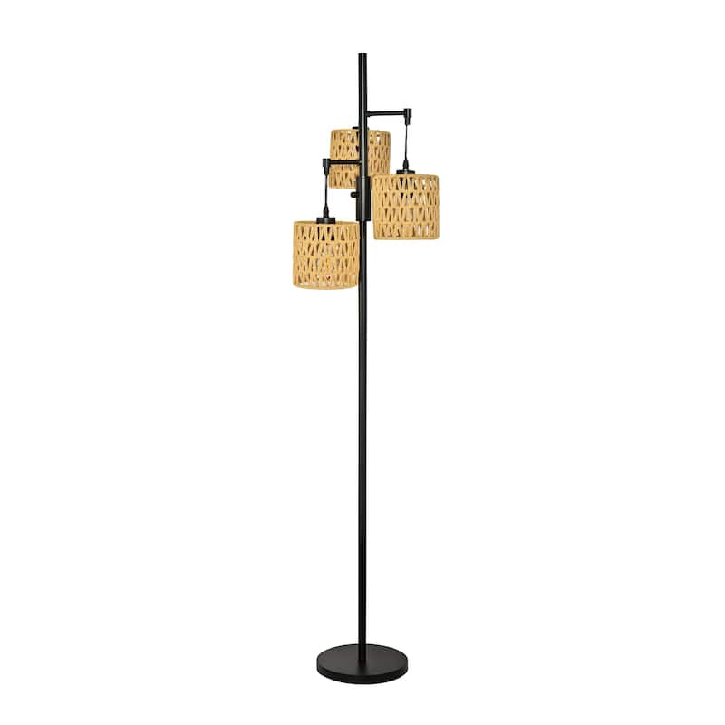 Boho 3-Light Tree Floor Lamp With Rattan Drum Shades