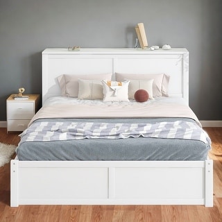 Storage Wooden Queen Size Platform Bed with Twin Trundle and 2 Pull Out Shelves