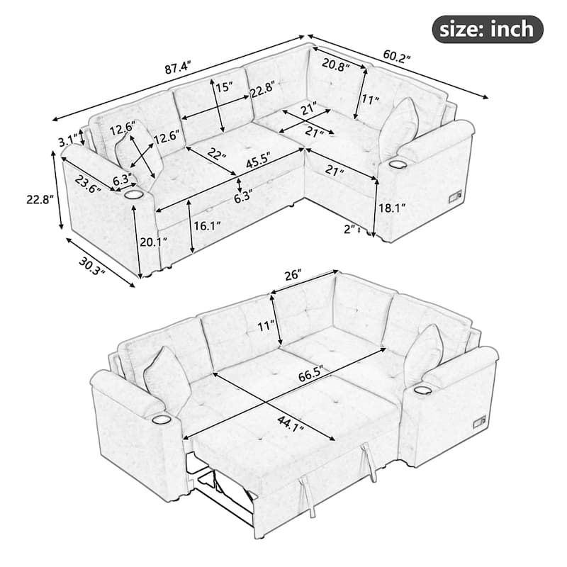 87.4" L-shape Sofa Bed Pull-out Sleeper Sofa with Wheels, USB Ports