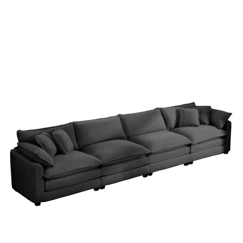 Corduroy Fabric Sectional Sofa Set with Seat Cushions and Pillows, 4 Seater Upholstered Sofa with Removable Armrests - Grey