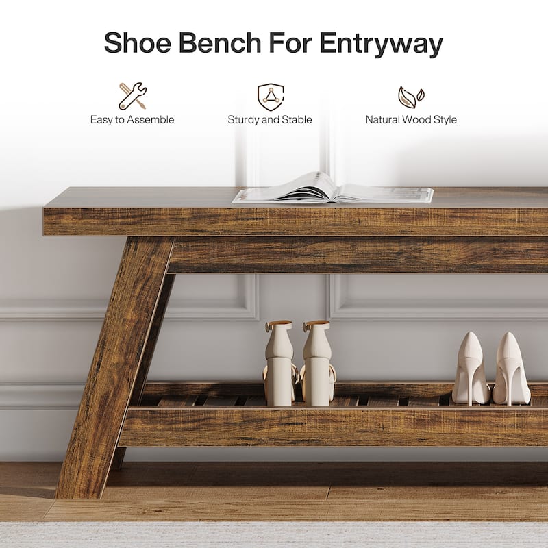 2-Tier Entryway Shoe Bench with Storage, 55-Inch Long Wood Storage Bench for Living Room, Bedrooms