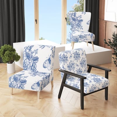 Designart "Blue flowers and butterflies II" Upholstered Cabin & Lodge Accent Chair and Arm Chair