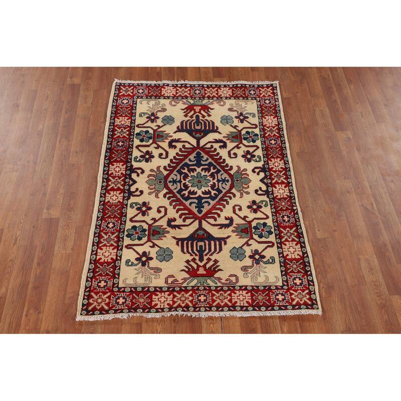 Geometric Kazak Accent Rug Hand-Knotted Foyer Wool Carpet - 3'5" x 4'10"