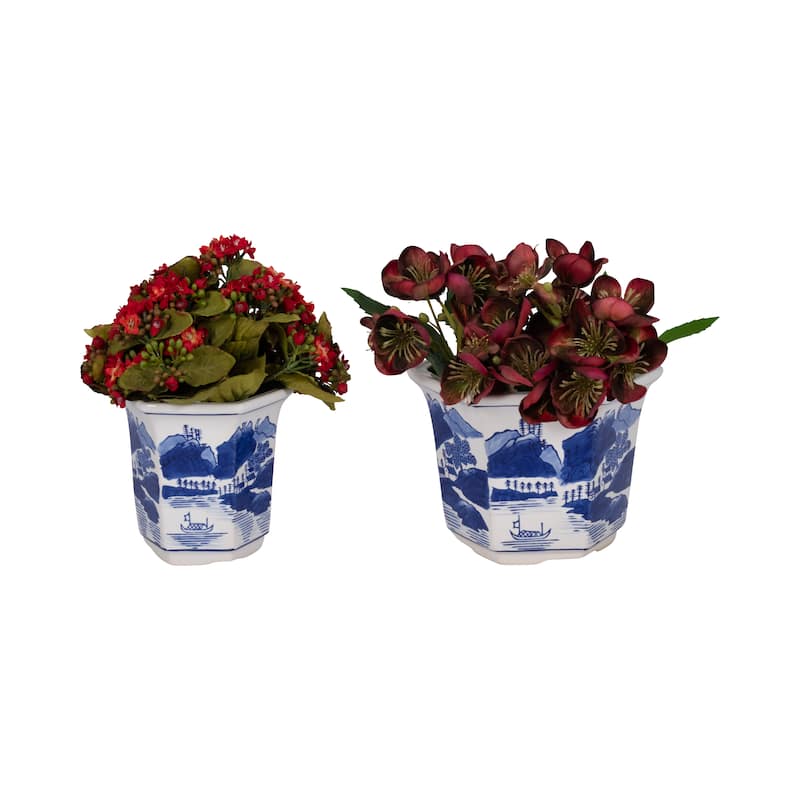 Sagebrook Home's Ceramic Set of 2 Fluted Chinoiserie Planters, Exquisite Blue and White, Perfect for Home Decor - 8" x 8" x 6"