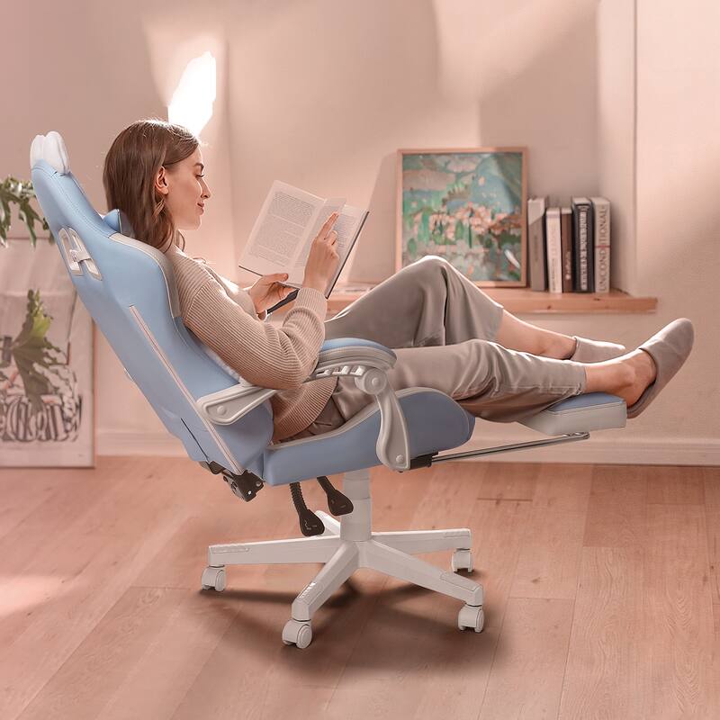 BOSSIN Gaming Chair with Cat Ears and Cat Paw Cushion Pillow,Cute Kawaii Reclining Computer Chair for Girl with Footrest