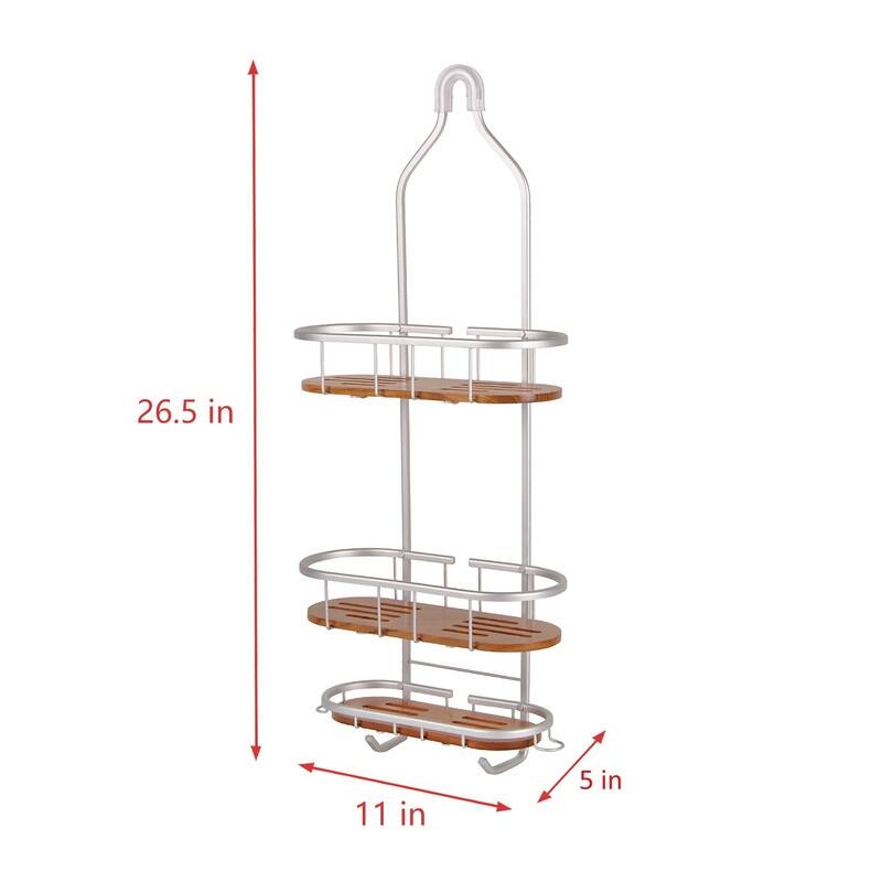 Utopia Alley Tia Rustproof Teak Overhead Shower Caddy with 3 Shelves, Hanging Shower Head Organizer, Black & Chrome Finish