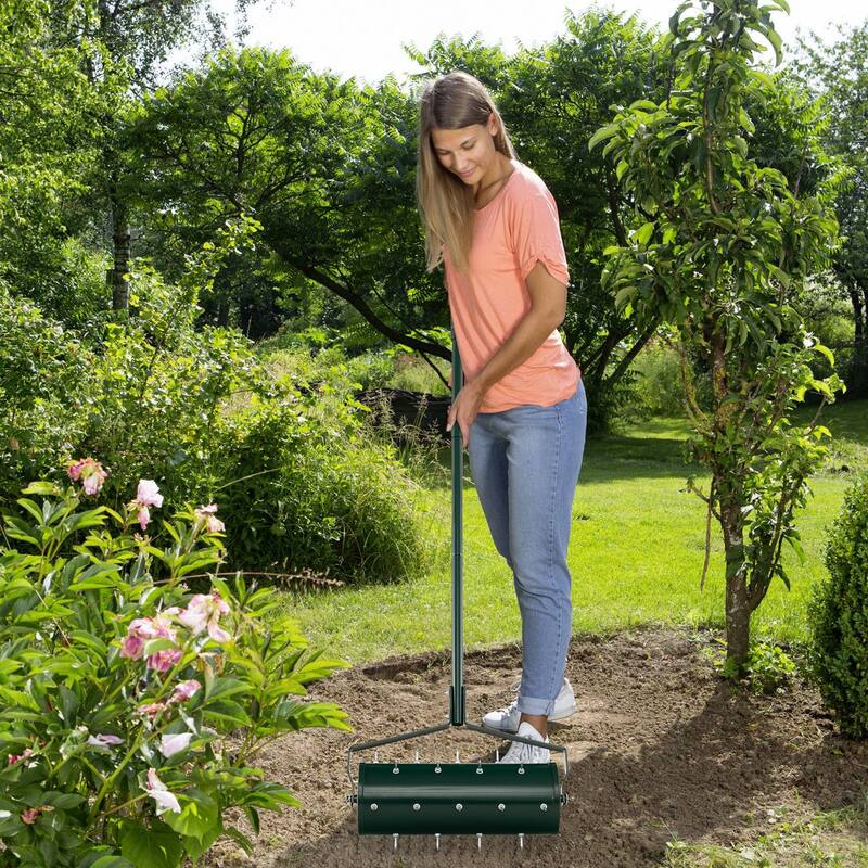 Manual Lawn Aerator Roller with Spiked Drum and Ergonomic Handle Fillable Steel Design