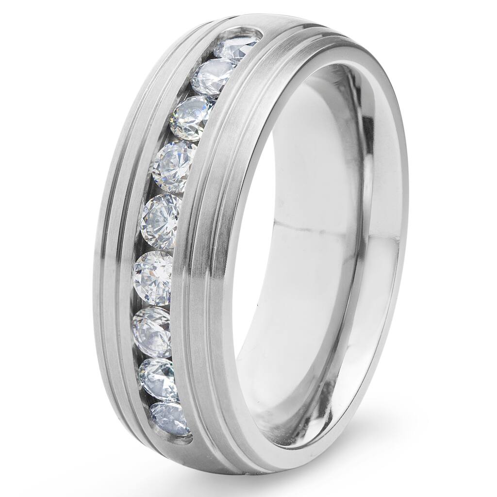 Men's Titanium Satin Finish Channel Set Cubic Zirconia Ring (8 mm) - White