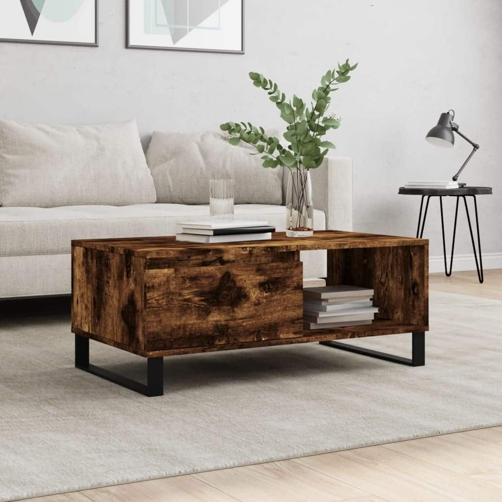 vidaXL Coffee Table Smoked/Brown Oak Engineered Wood, Metal 35.4x19.7x14.4 in - 19.7 x 35.4 x 14.4