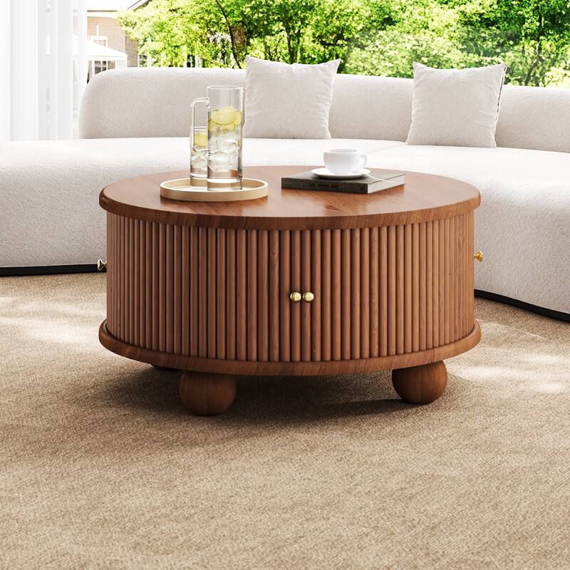 31.8" Round Fluted Coffee Table with Sliding Door & Solid Pine Wood