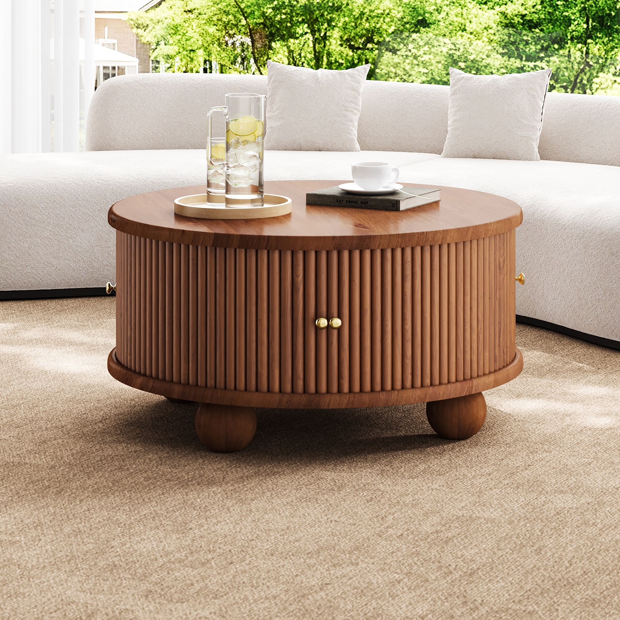 31.8" Round Fluted Pine Coffee Table with Sliding Door Storage - Walnut Color