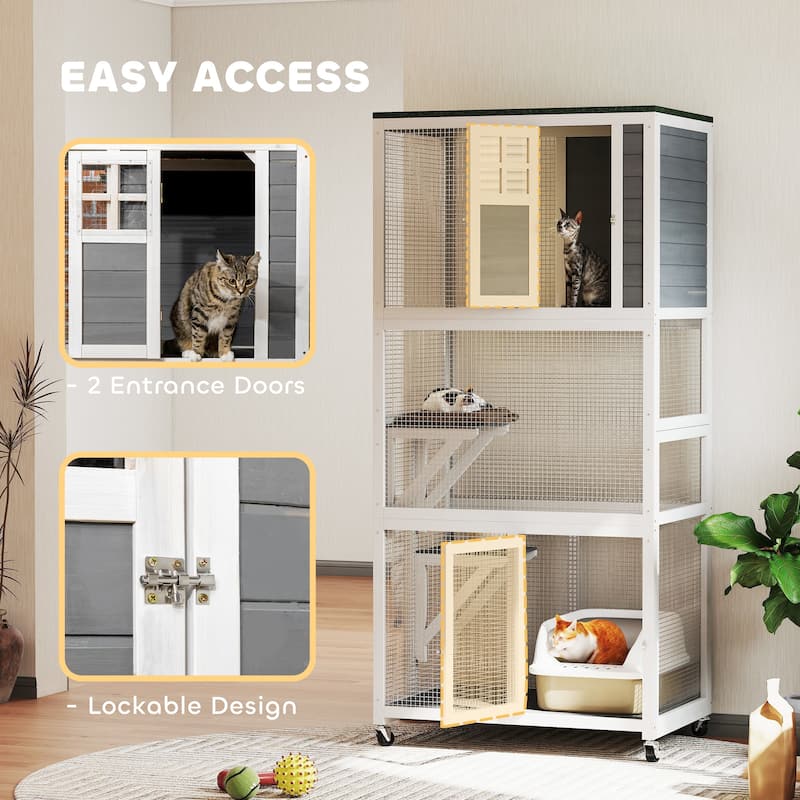 PawHut 74" Wooden Outdoor Cat House Catio Outdoor Cat Enclosure, Light Gray