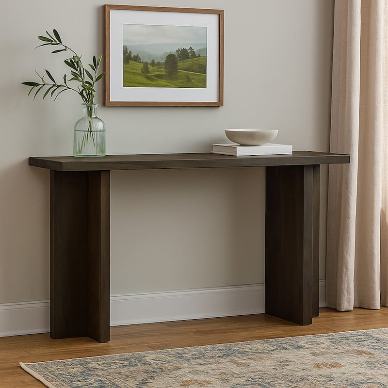 Console Sofa Table, Solid Wood T Shaped Legs, Dark Brown 53 Inch