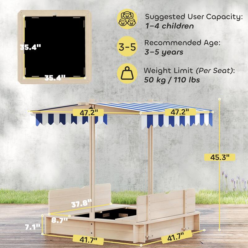 Outsunny Kids Sandbox with Cover, Outdoor Wooden Sandbox with Canopy - 41.75" x 41.75" x 47.75"