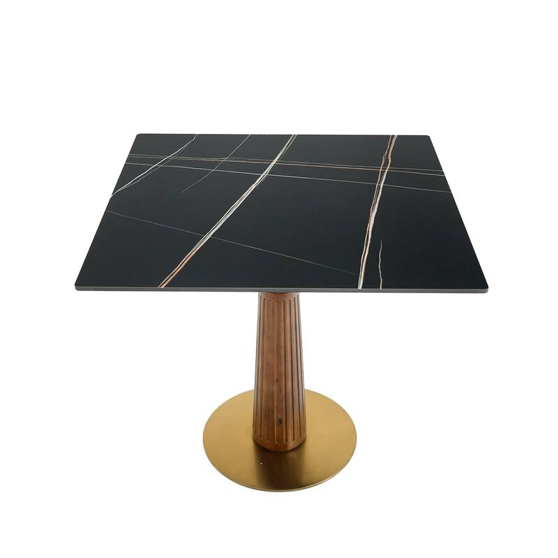 33" Retro Square Side Table, Glass & Sintered Stone Tabletop Dining Table with Solid Wood Pedestal