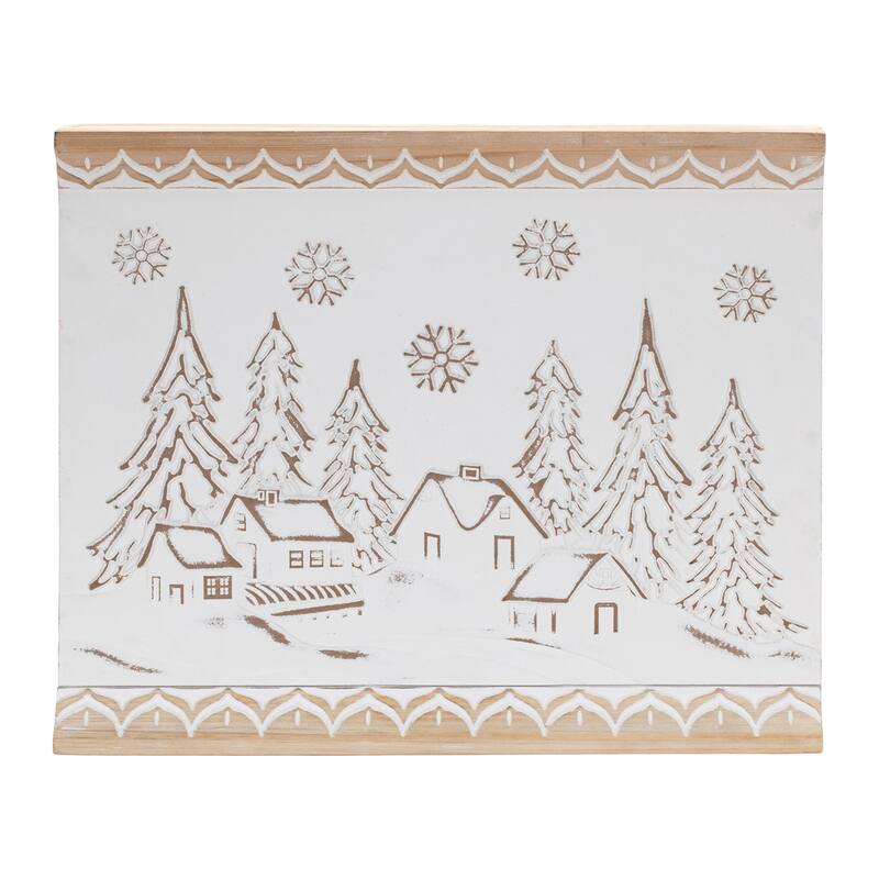 HomeRoots 16" X 19" Natural And White Winter Village Christmas Trees Hanging Wall Decor