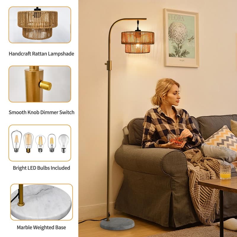 Elegant Boho Arc Floor Lamp Dimmable with Wicker Shade & Marble Base