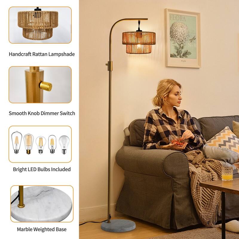 Elegant Boho Arc Floor Lamp Dimmable with Wicker Shade & Marble Base - Gold