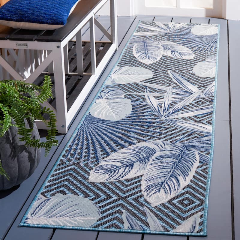 SAFAVIEH Cabana Diemut Indoor/ Outdoor Waterproof Transitional Rug - 2' x 9' Runner - Aqua/Navy