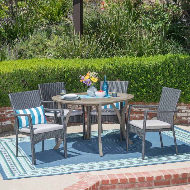 Baldwin Outdoor 5 Piece Acacia Wood and Wicker Dining Set by Christopher Knight Home - Grey