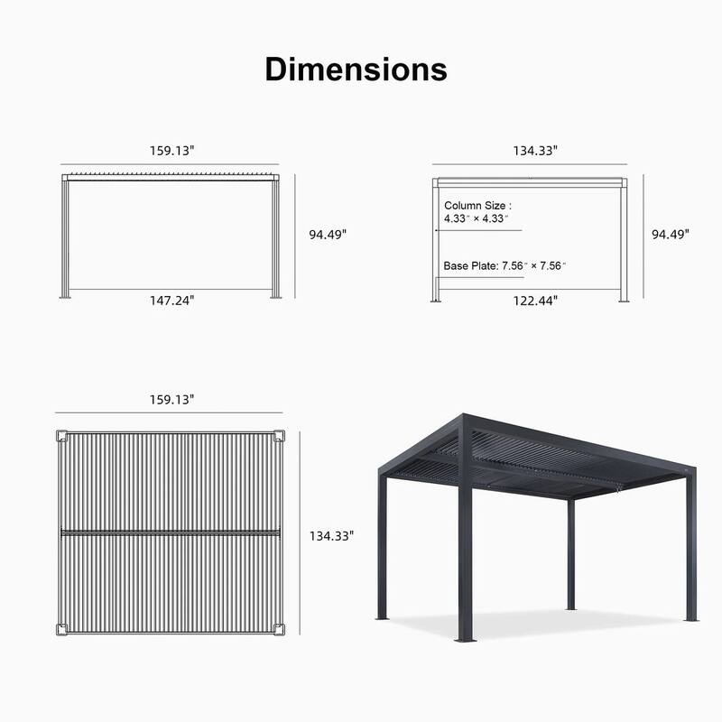 PURPLE LEAF Gray Louvered Pergola Outdoor Aluminum Pergola with Adjustable Roof for Patio Grey Hardtop Gazebo