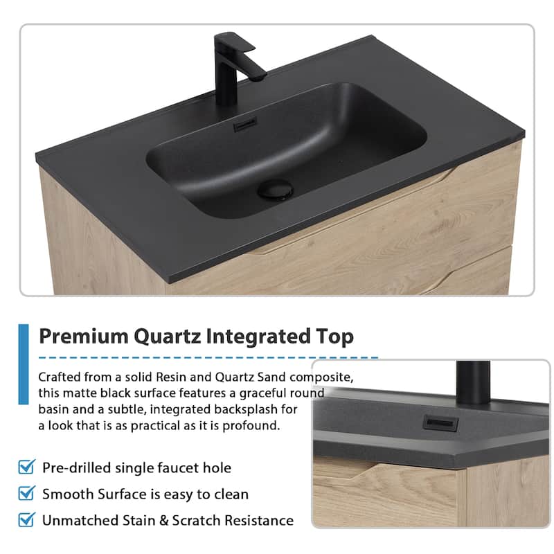 RupheonD 24"-48" Floating Bath Vanity in Evita Oak with Black Quartz Top