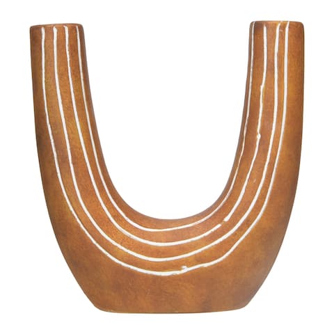 Hand-Painted Terra-cotta U-Shaped Vase w/ 2 Openings & Engraved Lines