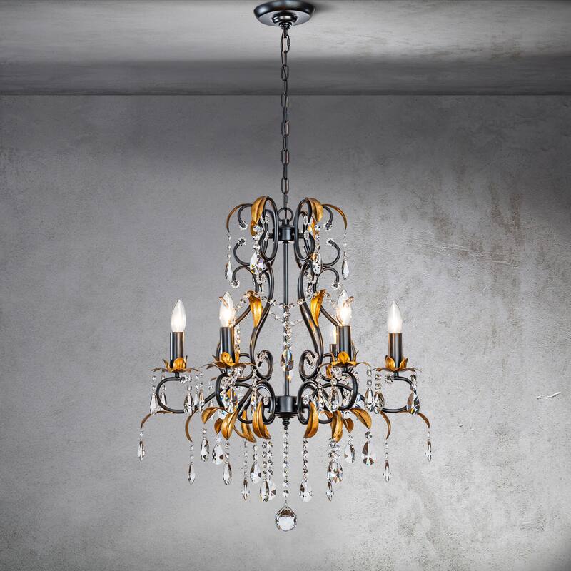 CraftHome Mid-Century French 6-Light Crystal Chandelier in Matte Black and Antique Gold Finish For Versatile Interiors